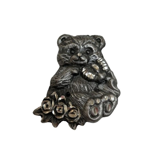 Vintage Brooch Earring Post Pierced Set Teddy Bears Torino Style 1.5" Pewter? - Picture 6 of 6